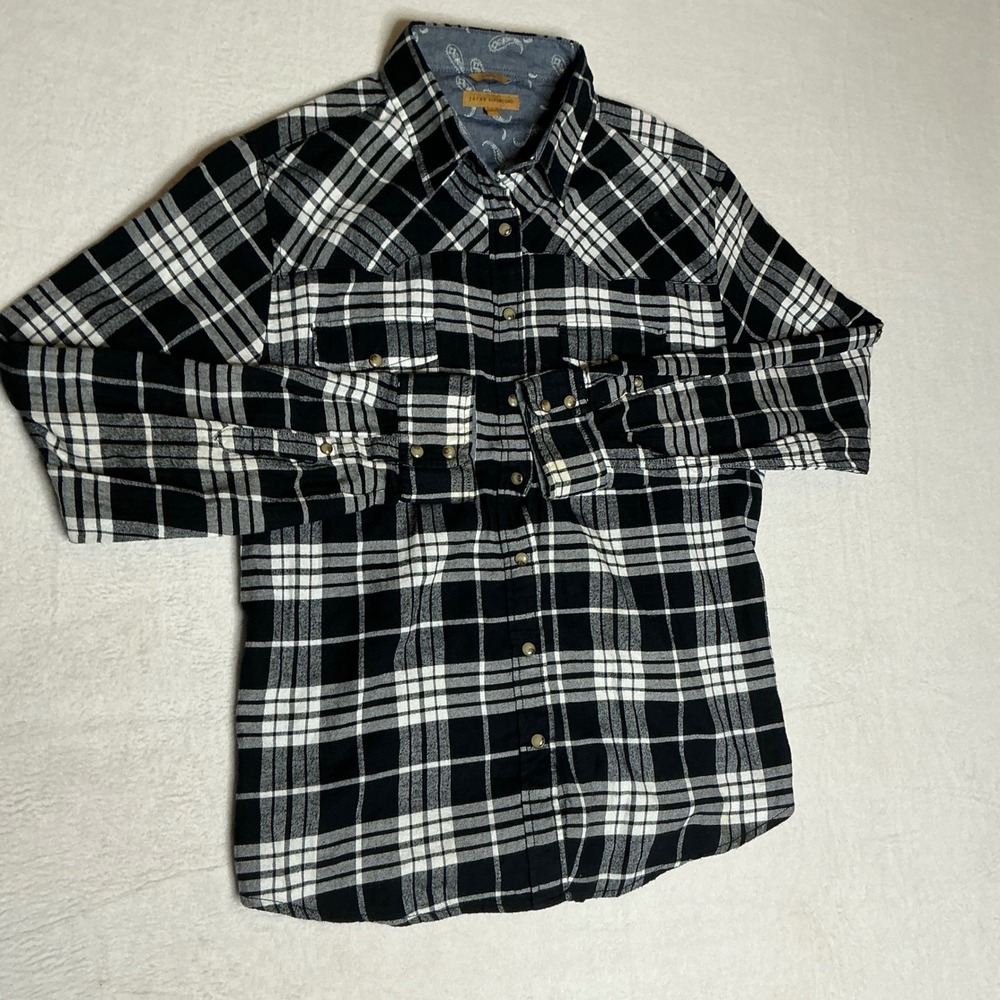 Jachs Girlfriend Plaid Flannel‎ Shirt Mens Black White Long Sleeve Button Up L